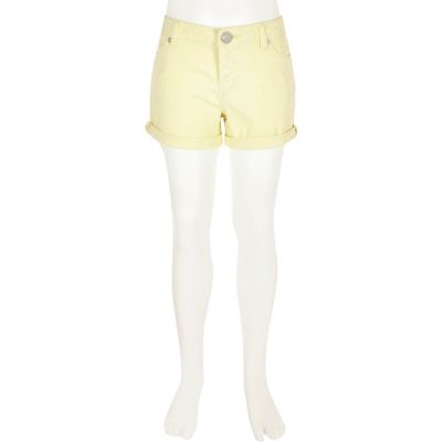 Girls yellow denim turn-up shorts